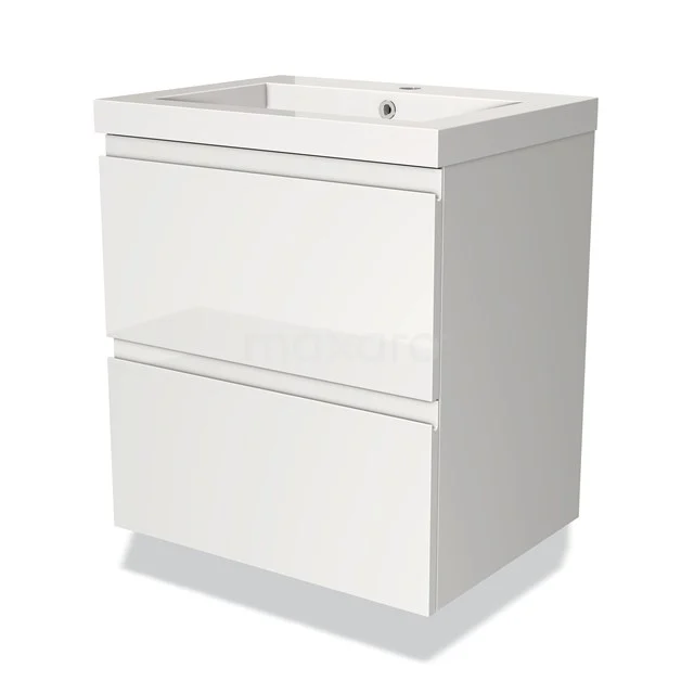 Witte badkamerkast met twee lades, glanzend afwerking, geschikt voor moderne badkamers, onderdeel van luxe meubelserie.