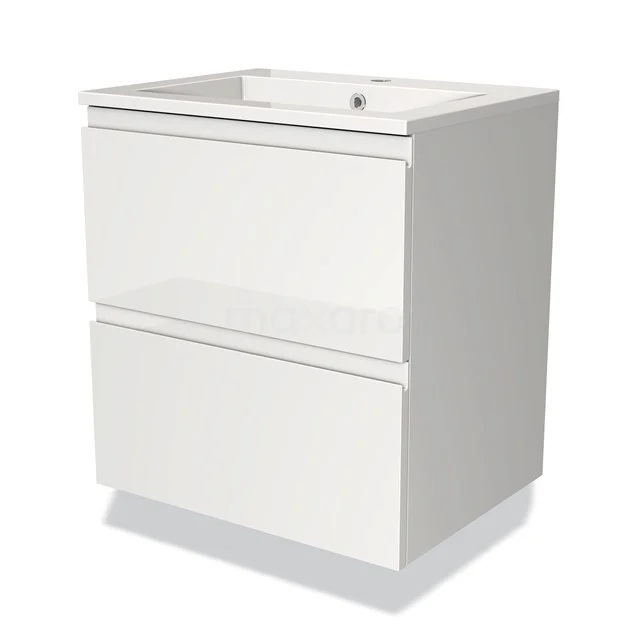 Wit hangend badkamermeubel met twee softclose lades, hoogglans afwerking en strak design voor een moderne badkamerstijl.