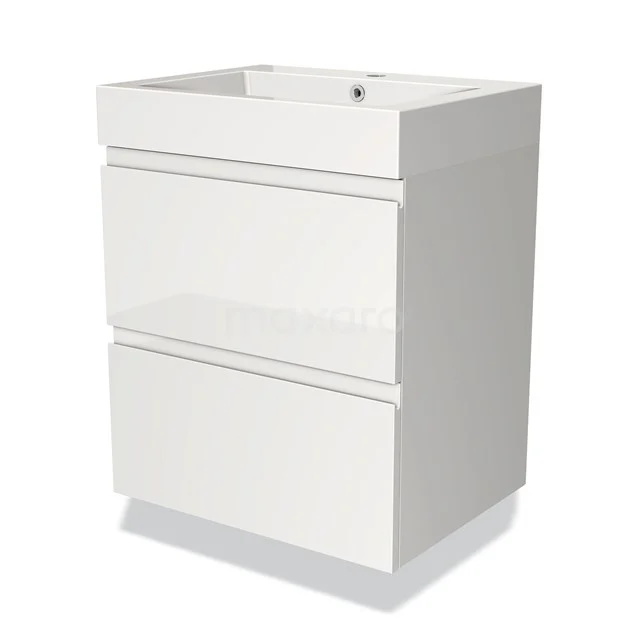 Witte badkamerkast met twee soft-close lades, hoogglans afwerking en modern design, ideaal voor opbergruimte in de badkamer.
