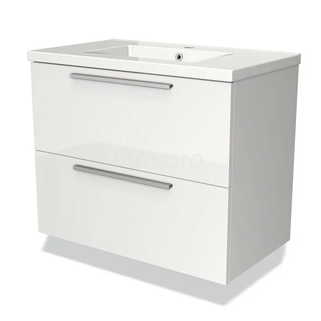 White bathroom unit with two drawers, sleek aluminium handles and integrated ceramic basin.