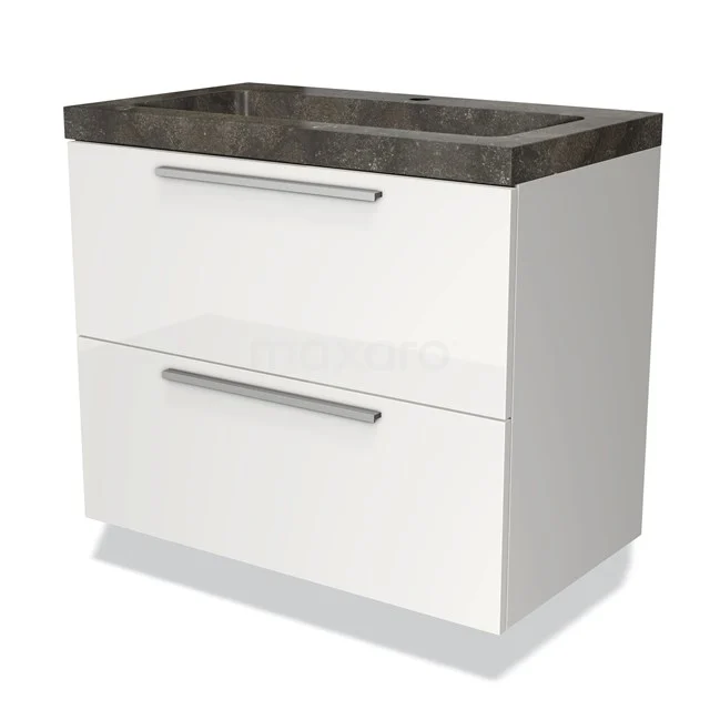 Weißes Badezimmermöbel mit zwei Schubladen, grauem Waschbecken im Steinlook und Aluminiumgriffen, modernes und klares Design.