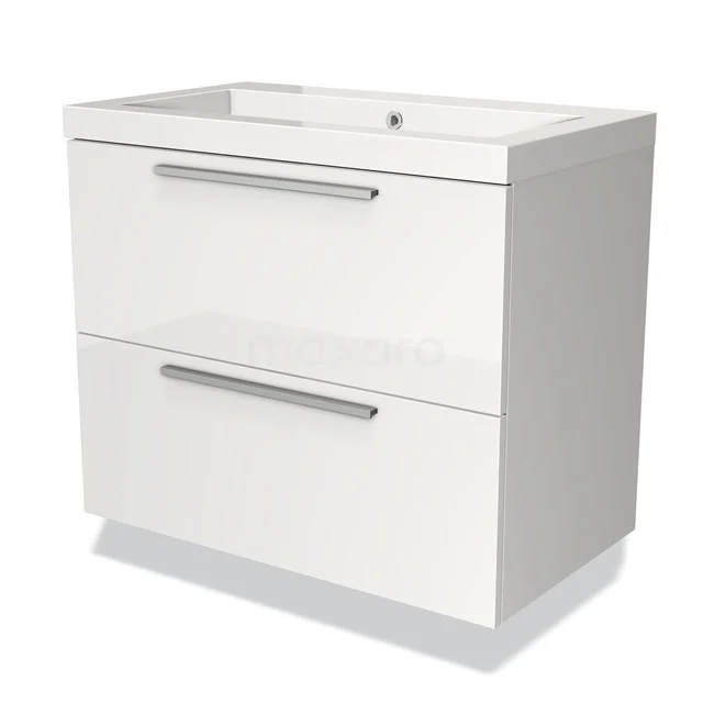 Witte badkamermeubel met twee lades, chroomkleurige grepen en keramische wastafel, strak design, ideaal voor moderne badkamers.