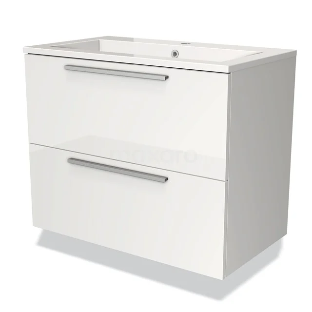 Witte badkamermeubelset met twee lades, modern design en metalen grepen, ideaal voor een georganiseerde badkamer.