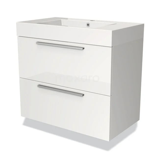 Wit badkamermeubel met twee lades, chromen handgrepen en geïntegreerde keramische wastafel, modern en strak design.