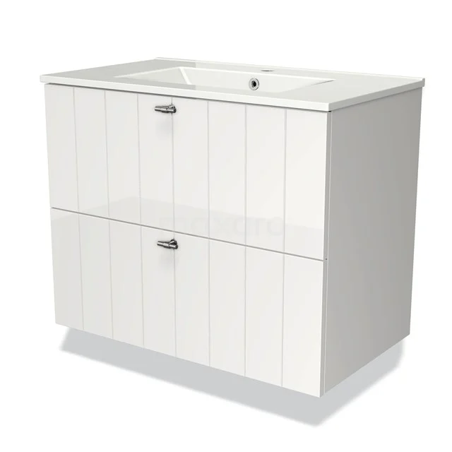 White bathroom unit with double drawers and integrated vanity units with basin, featuring stylish vertical grooves.