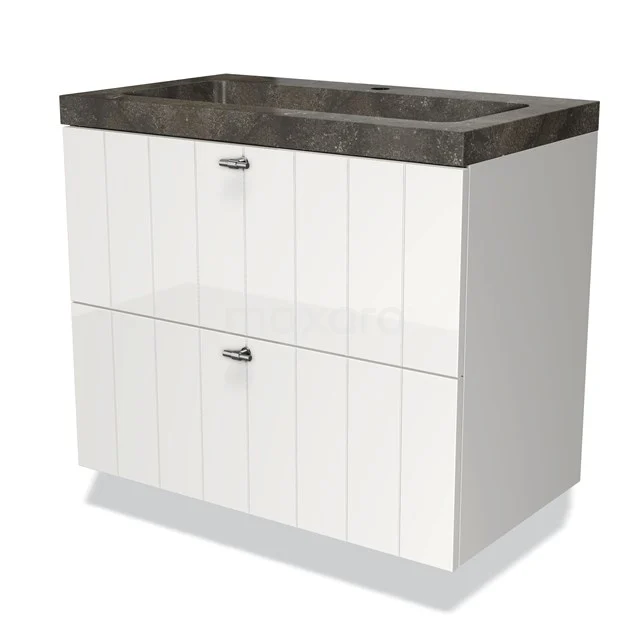 Wit badkamermeubel met dubbele lade en donkergrijze wastafel van natuursteen, strak design en modern afgewerkt.