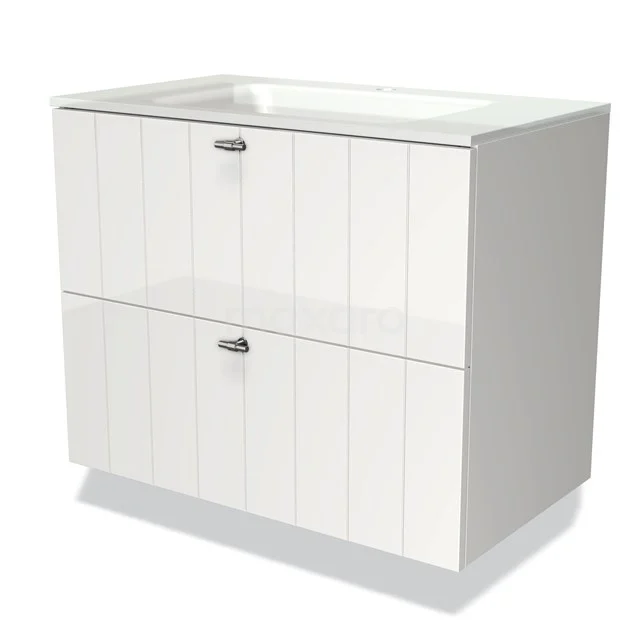 White wooden bathroom unit with striped design, two drawers and ceramic basin; stylish and functional for any bathroom.