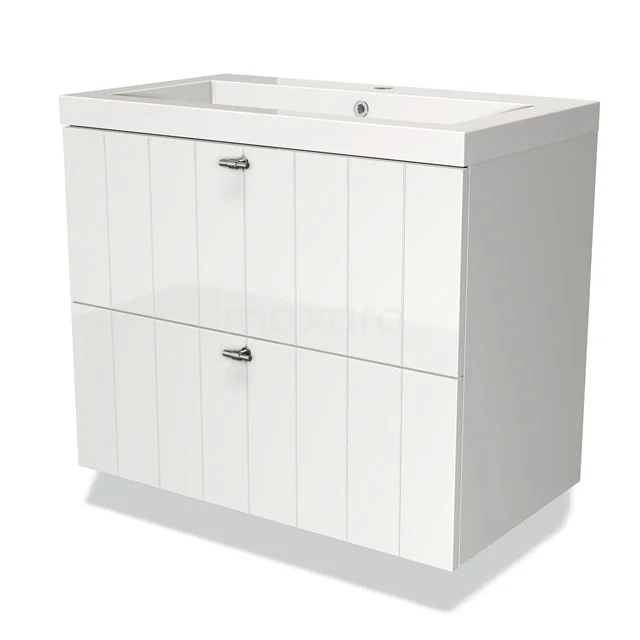 Badmöbel 80cm Modulo Hochglanz Weiß 2 Schubladen Lamellenwaschbecken Mineralguss BMW17-01251 Weißes Badezimmermöbel mit zwei Schubladen, vertikalen Rillen und einem keramischen Waschbecken, ideal für moderne Badezimmergestaltung.