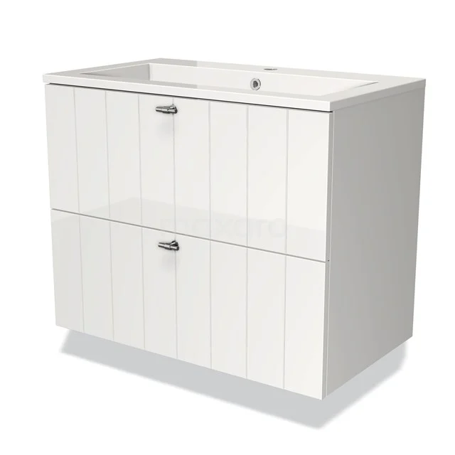Wit hangend badkamermeubel met twee lades en horizontale lijnen, gemaakt van glanzend materiaal, ideaal voor moderne badkamers.