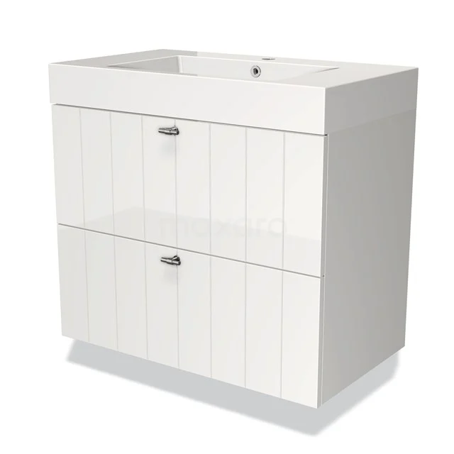 White standing bathroom furniture set with lacquered finish, two drawers and integrated basin.