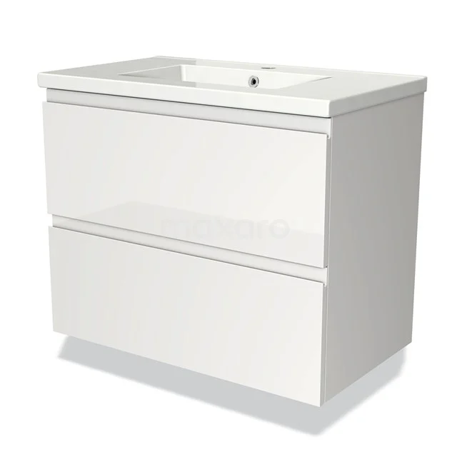 Modulo Vanity units with basin | 80 cm High-gloss white Handle-less front Ceramic 2 Stacked drawers BMW17-01256 White bathroom unit with 2 drawers, modern design, glossy finish and integrated vanity units with basin.