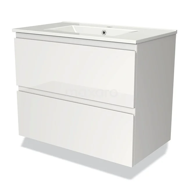 Witte badkamerkast met twee lades, glanzende afwerking en ingebouwde wastafel; eigentijds design voor praktische badkameropslag.