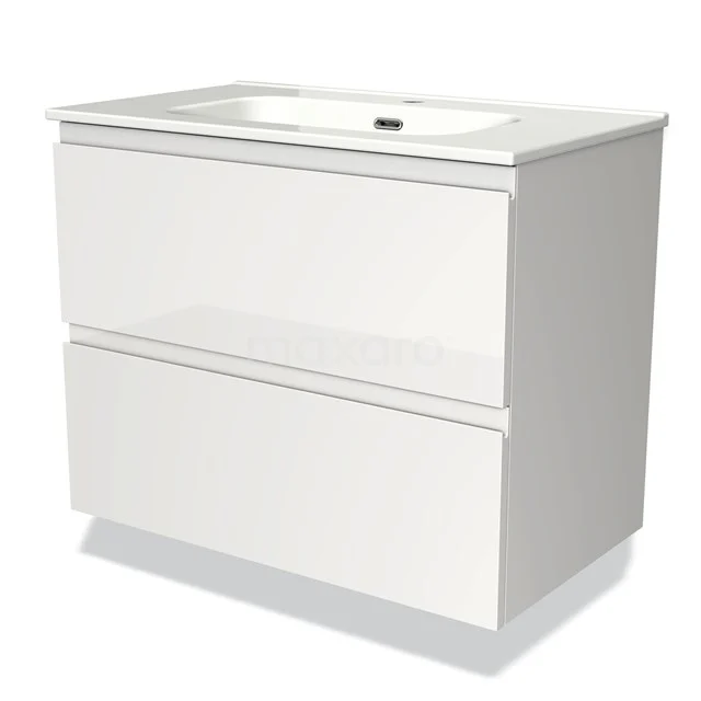 White vanity set with two drawers, sleek design, glossy materials; ideal for a modern bathroom style.