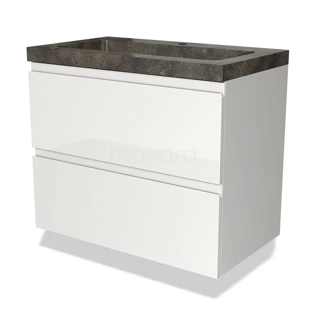 Moderne witte badkamermeubel met twee lades en donkere keramische wastafel, strak design voor een stijlvolle badkamer.