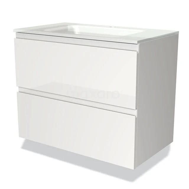 White hanging bathroom unit with two drawers, modern design, made of high-gloss material for stylish bathroom design.
