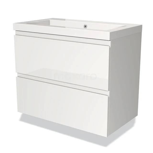 Weiße moderne Badmöbelset mit zwei grifflosen Schubladen, Hochglanzoberfläche und keramischem Waschbecken.