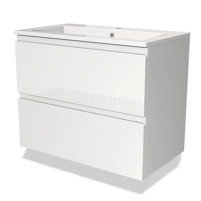 White modern vanity set with two drawers and glossy finish, ideal for stylish bathroom storage.