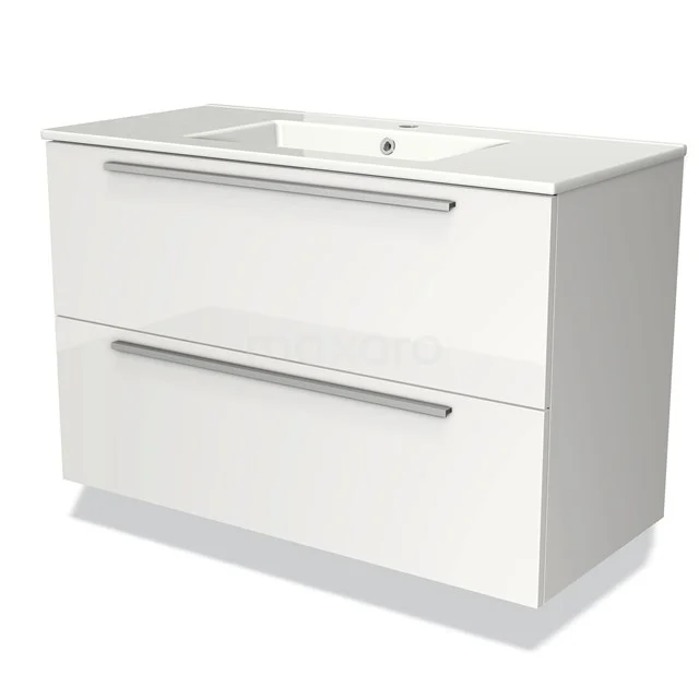 Wit zwevend badkamermeubel met twee lades, modern design, gladde afwerking en geïntegreerde wastafel.