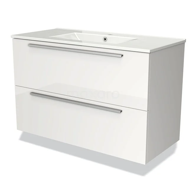 Wit badkamermeubel met dubbele lades en geïntegreerde wastafel, strak design van hoogglans MDF, perfect voor moderne badkamers.