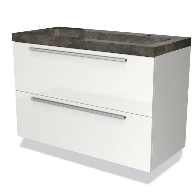 Wit wastafelmeubel met twee lades, chromen handgrepen en een donkergrijs natuurstenen blad; modern badkamerdesign.