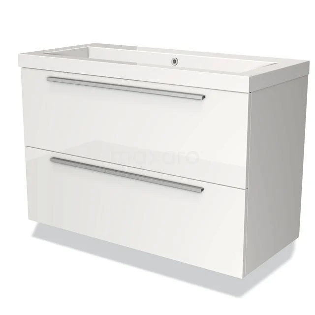 White modern vanity unit with two drawers, smooth finish and sleek handles, perfect for bathroom storage.