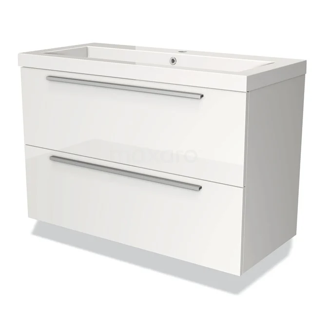 Wit badkamermeubel met twee lades, strak design, voorzien van chromen grepen en geïntegreerde wastafel.