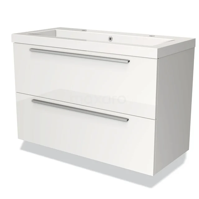 Wit hoogglans badkamermeubel met twee lades, chroomkleurige grepen en geïntegreerde wastafel, modern design.
