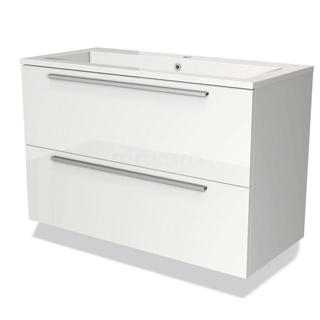 Wit badkamermeubel met twee brede lades, metalen grepen en een geïntegreerde wastafel, strak design van hoogglans materiaal.