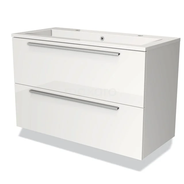 White bathroom cabinet with a modern glossy finish, two wide drawers and integrated ceramic basin.