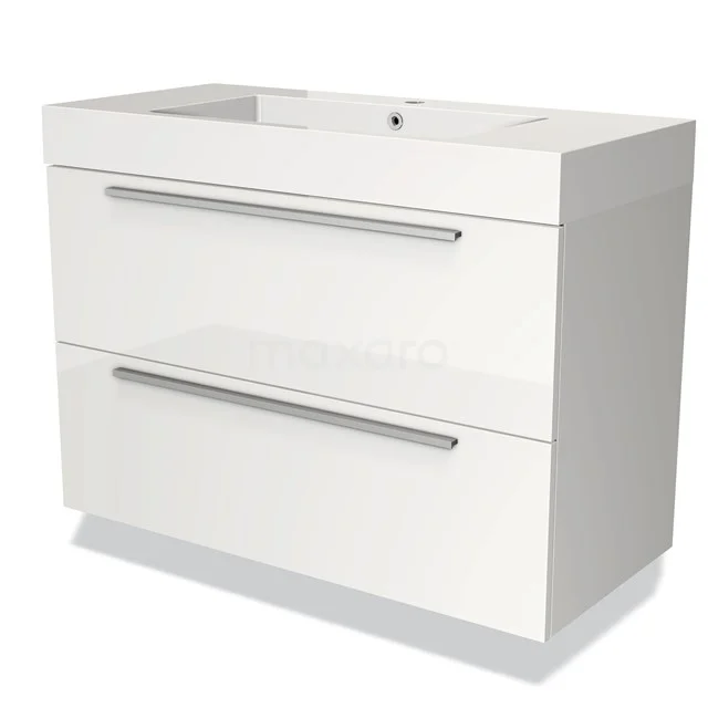 Wit badkamermeubel met twee lades, strak design en metalen grepen, ideaal voor moderne badkamers.