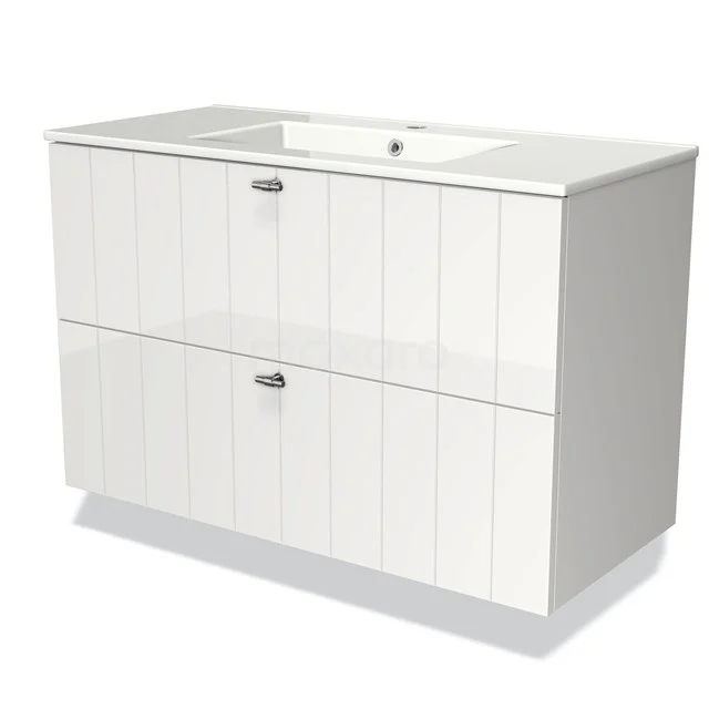 White vanity unit with two drawers, vertical lines and built-in basin, ideal as stylish storage space in the bathroom.
