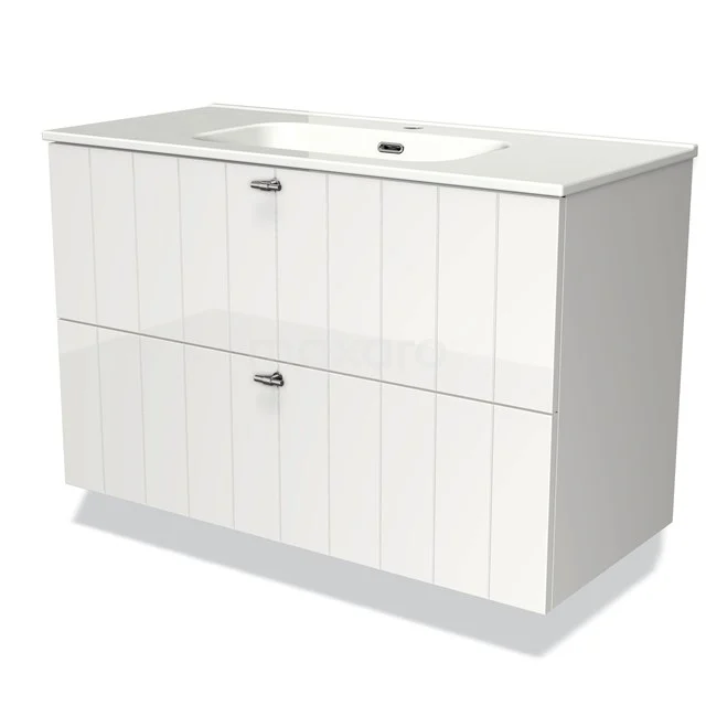 Witte badkamermeubelset met wastafel, landelijke stijl, houtnerfpatroon en twee softclose lades voor praktische opbergruimte.