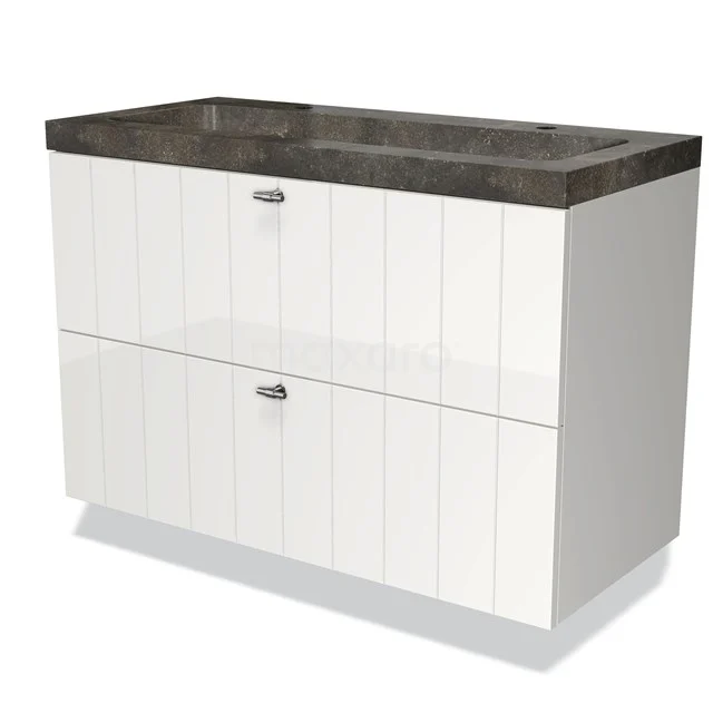 Wit badkamermeubel met dubbele lade, houten fronten en grijs composiet blad, stijlvol en praktisch voor elke badkamer.
