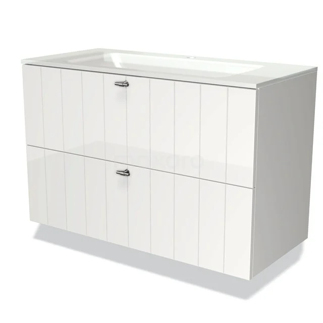 White bathroom cabinet with two handleless drawers, horizontal lines, and a matte finish, suitable for modern bathroom style.