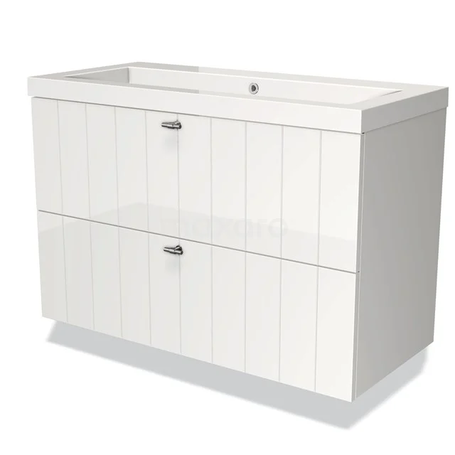 Wit hangend badkamermeubel met twee lades, houtlook panelen en chroomgrepen, ideaal voor moderne badkamerinrichting.