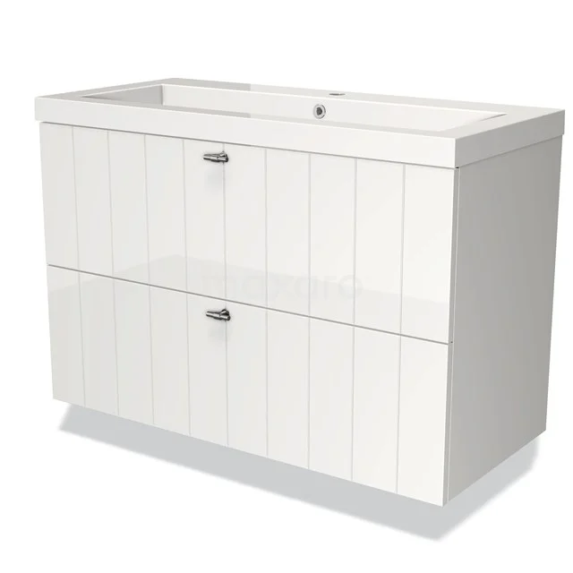 Wit badmeubel met twee lades, houtlook panelen en chromen grepen, ideaal voor een moderne en praktische badkamer.