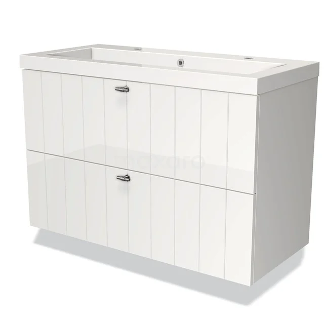 Wit houten badkamermeubel met twee lades, modern design en verticale groefdetails, ideaal voor stijlvolle badkameropslag.