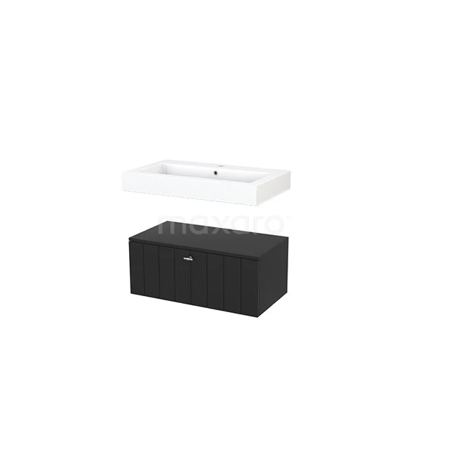 Modulo+ Bathroom furniture with sink | 80 cm Carbon Slat front Mineral marble Low floating BMR000046 Black wooden bathroom unit with white ceramic basin, sleek design ideal for modern bathrooms.