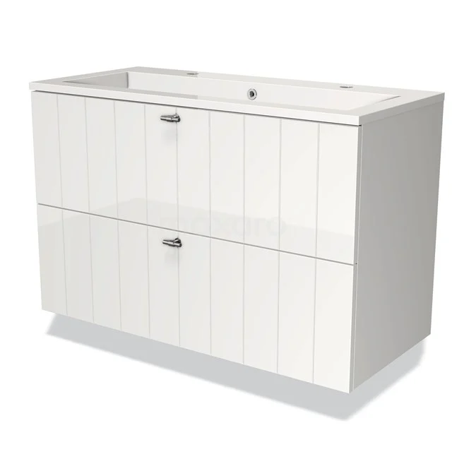 Wit badkamermeubel met dubbele lades, modern design en verticale lijnen, perfect voor een strakke badkamerstijl.