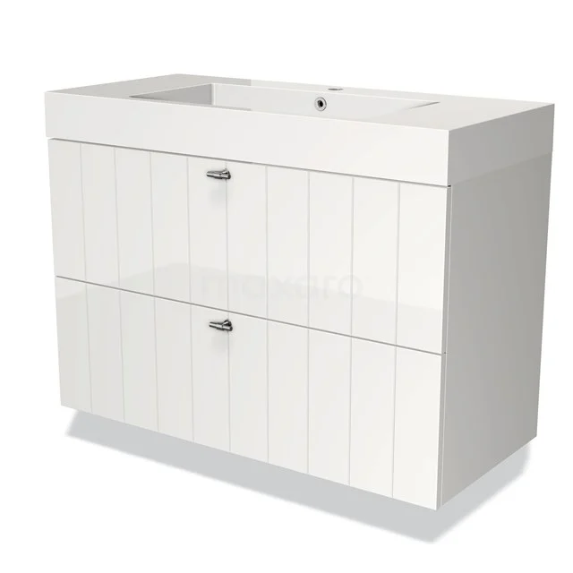 Badmöbel 100cm Modulo Hochglanz Weiß 2 Schubladen Lamellenwaschbecken Mineralguss BMW17-01295 Weißes Badezimmermöbel mit zwei Schubladen, wandhängendem Design und subtiler Holzmaserung, perfekt für eine moderne Badezimmergestaltung.