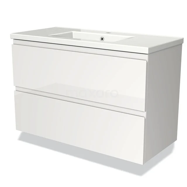 Modulo Vanity units with basin | 100 cm High-gloss white Handle-less front Ceramic 2 Stacked drawers BMW17-01298 White bathroom unit with two drawers, sleek design, made of high-quality materials, ideal for a modern bathroom.