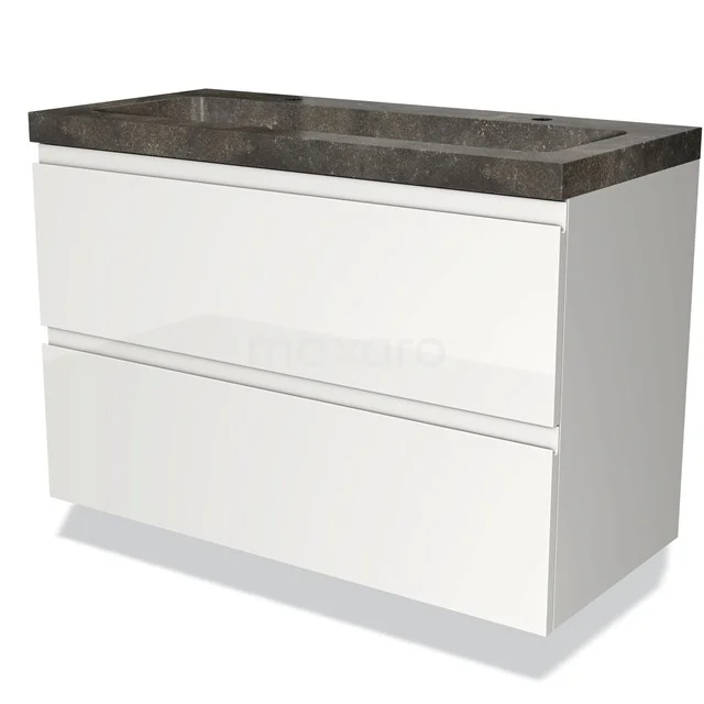 Wit badkamermeubel met twee lades en een donker stenen wastafelblad, modern design van duurzame materialen.