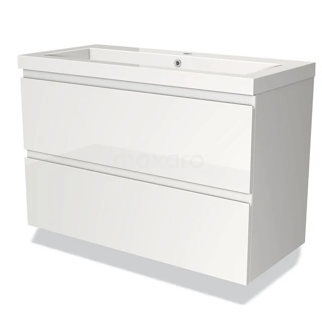 Wit badkamermeubel met twee lades, strak design, wandmontage en glanzende finish; ideaal voor moderne badkamers.