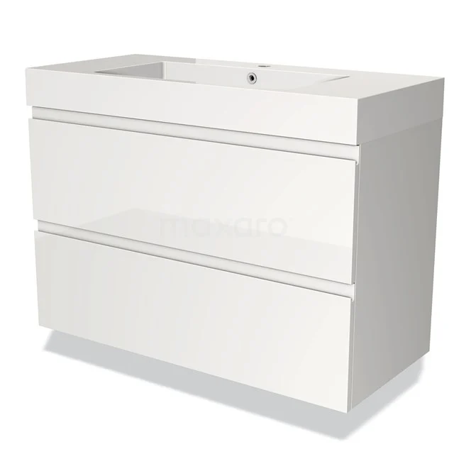Witte badkamermeubel met twee lades, glanzende afwerking, modern design. Perfect voor organisatie in eigentijdse badkamers.