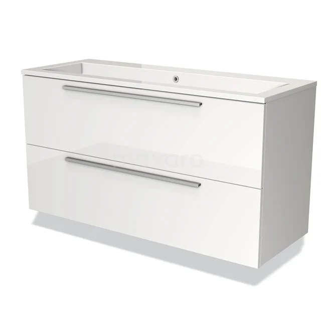 White bathroom furniture set with two wide drawers, glossy finish and slim metal handles, modern design.