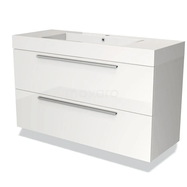 White bathroom unit with double basin, glossy finish, including integrated vanity units with basin and chrome handles.