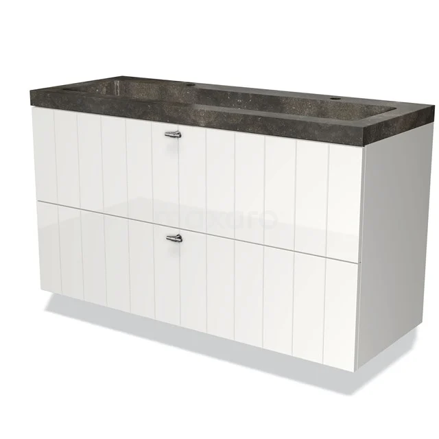 White, double bathroom unit with black marble top and two spacious drawers; sleek design, ideal for modern bathrooms.
