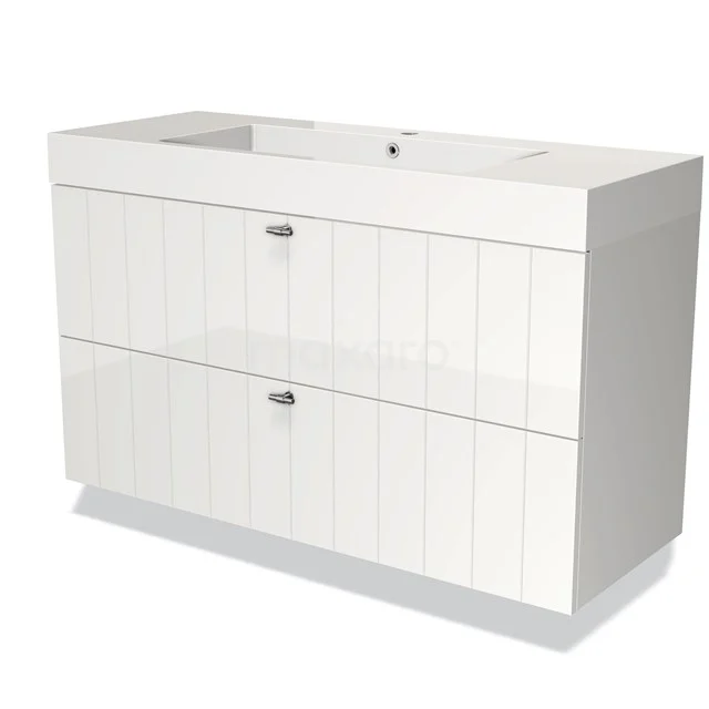 Weißes Badezimmermöbel mit zwei Soft-Close-Schubladen, glänzend verarbeitet, einschließlich integriertem Waschbecken; schlankes und modernes Design.