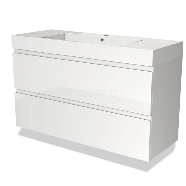 White bathroom furniture set with glossy finish, two drawers and integrated basin; elegant and functional design.