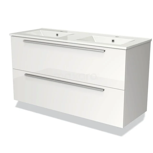 Wit wastafelmeubel met dubbele keramische wastafel en twee brede lades, ideaal voor een moderne badkamer.
